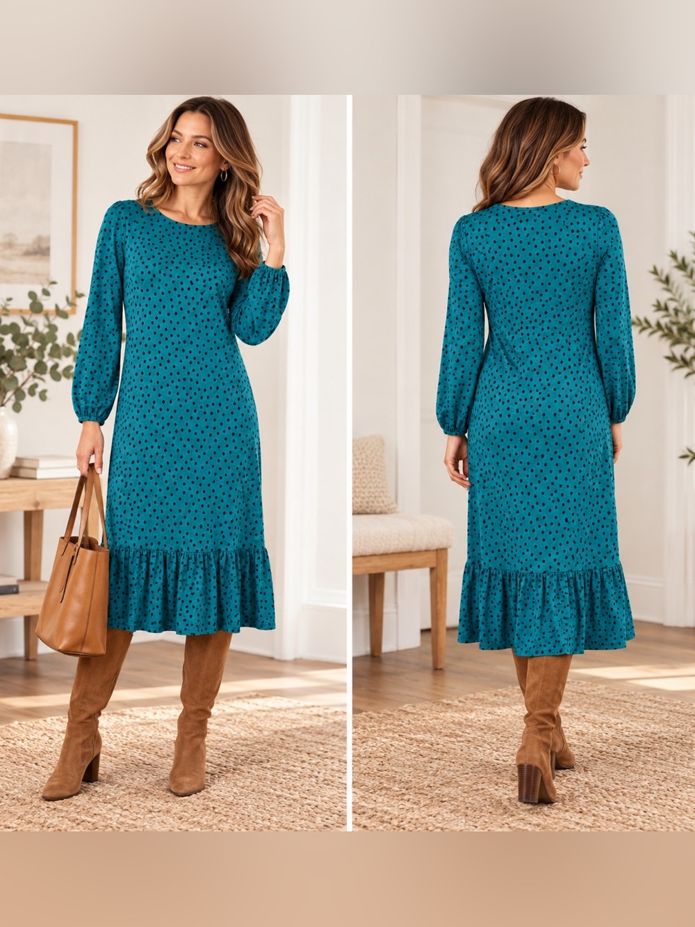Boden Holly Jersey Midi Dress 4L Teal Navy Polka Dot Ruffle Hem Long Sleeve